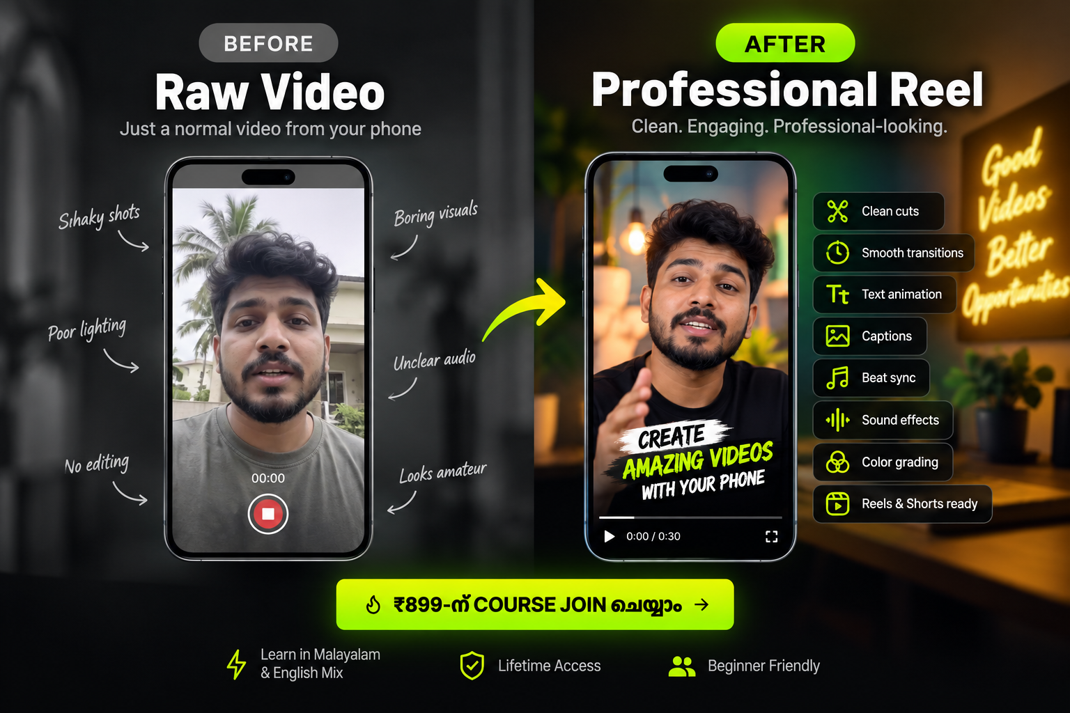 Before and after mobile video editing transformation: a raw phone video becomes a clean, engaging professional reel